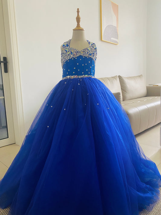 Boutique Girls Royal Blue Dress Sleeveless Handmade Jewelry Floor Length Party Girl Dress