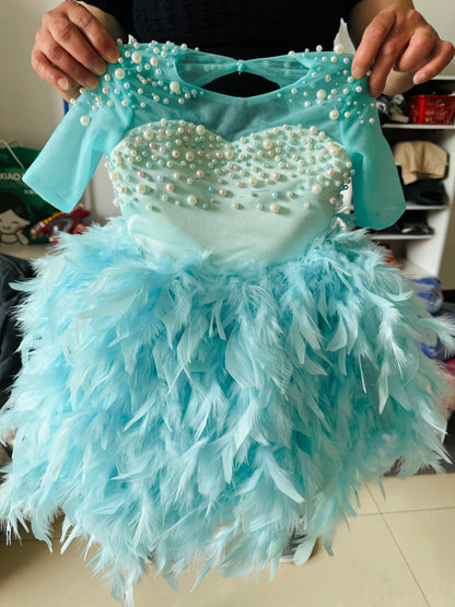 Girls party dress feathers pearls toddler mint pageant dress fashion flower girl turquoise dress baby party dress